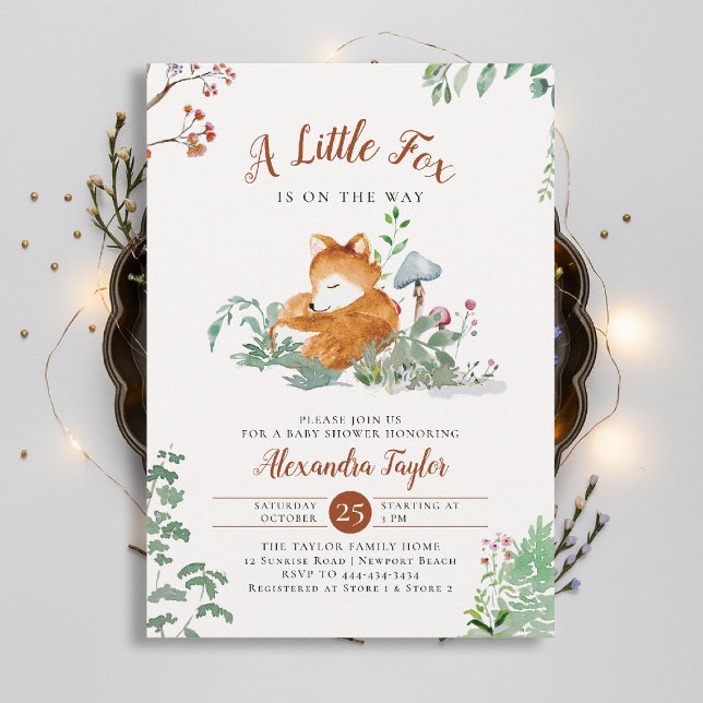 Woodland Little Fox Mushrooms Grüne Kinderdusche Einladung (woodland baby shower invitation enchanted woods forest little fox mushrooms wildflowers earthy magic)