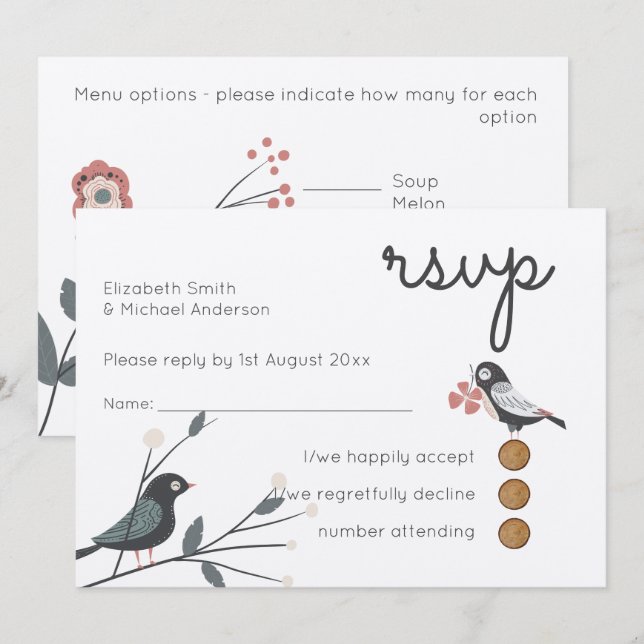Woodland Love Birds Wedding RSVP MENU Rustic Kraft Einladung (Vorne/Hinten)