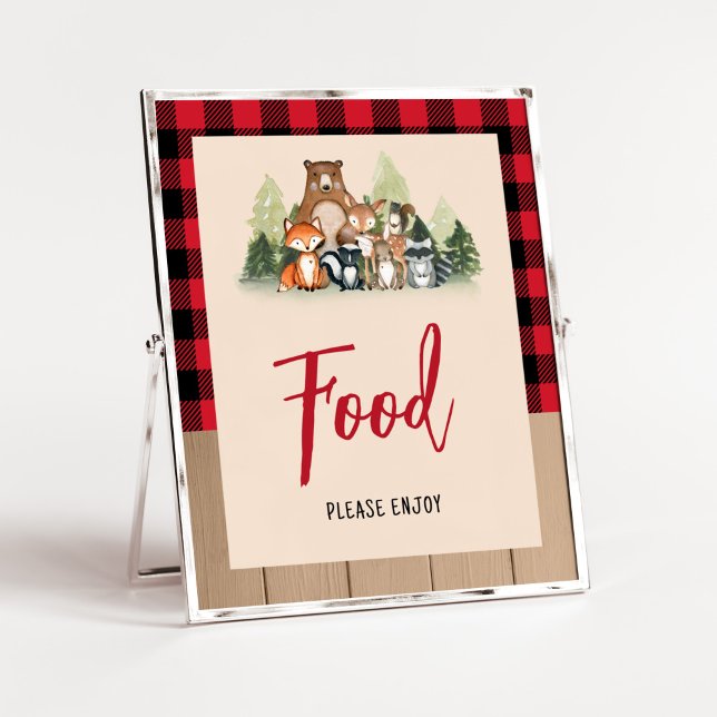 Woodland Lumberjack Baby Dusche Nahrung Poster (Plaid Lumberjack Baby Shower Food Sign)