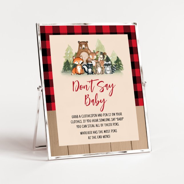 Woodland Lumberjack Baby Dusche Say Baby nicht Poster (Plaid Lumberjack Baby Shower Don't Say Baby Sign)