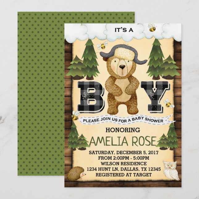 Woodland Lumberjack Bear Baby Dusche Einladung (Vorne/Hinten)
