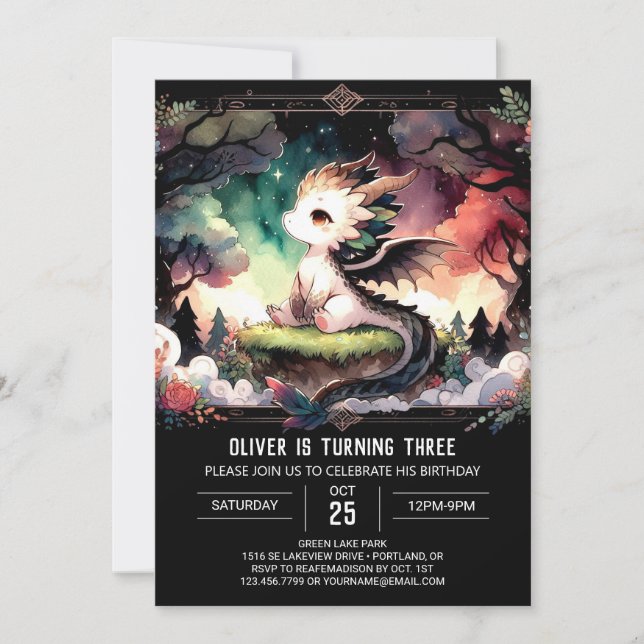 Woodland Majestic Dragon Birthday Einladung (Vorderseite)