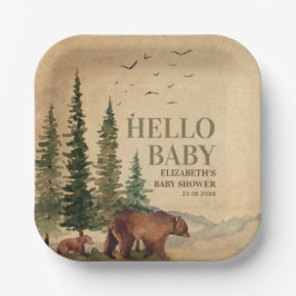 Woodland Mama Bear & Cub Baby Dusche Pappteller