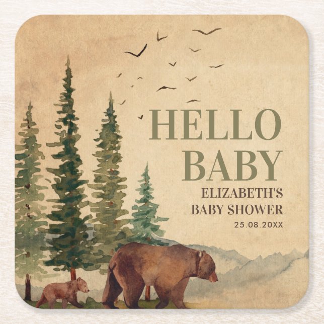 Woodland Mama Bear & Cub Baby Dusche Rechteckiger Pappuntersetzer (Vorderseite)