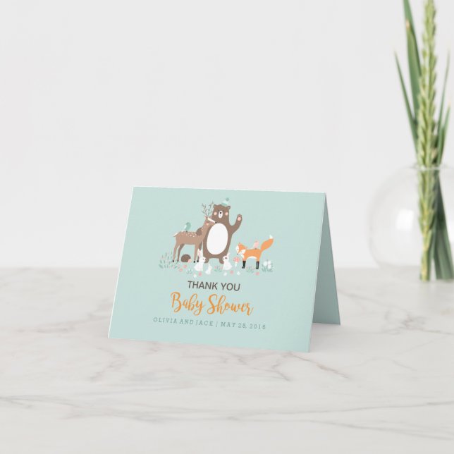 Woodland Mint Orange Babydusche Danke Karte (Vorderseite)