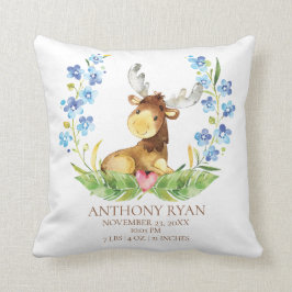 Woodland Moose Baby Birth Stats Coussin