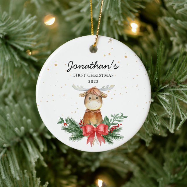 Woodland Moose Baby's First Christmas Keramik Ornament (Baum)