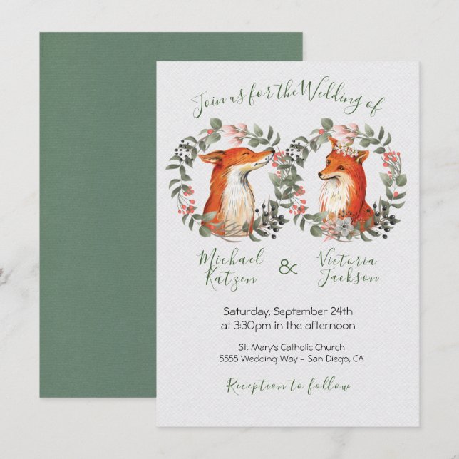 Woodland Mr. und Mrs. Fox Porträtkranz Hochzeit Einladung (Vorne/Hinten)
