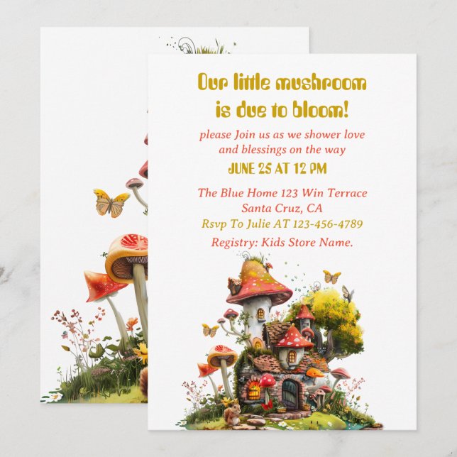 Woodland Mushroom House Kinderdusche Einladung (Vorne/Hinten)