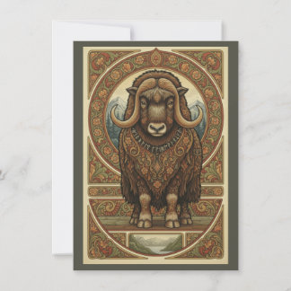 Woodland Musk Ox Nordic Folk Art Flat Thank You Dankeskarte
