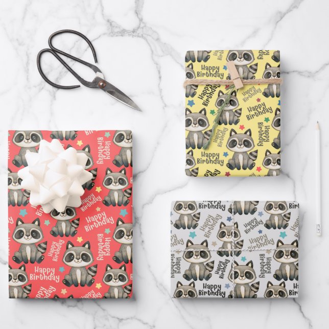Woodland Niedlich Raccoon Happy Birthday Geschenkpapier Set (Vorderseite)