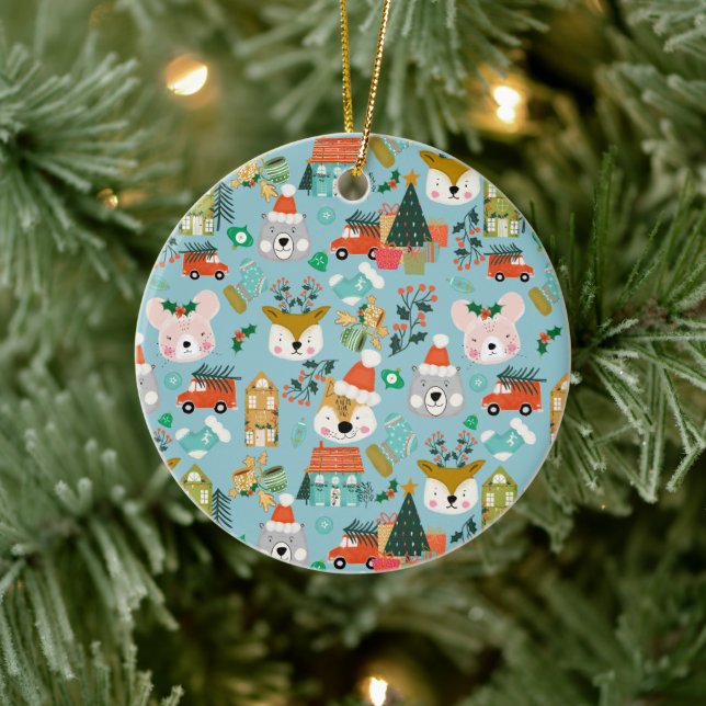 Woodland Niedlich Santa Animals Blue Keramik Ornament (Baum)