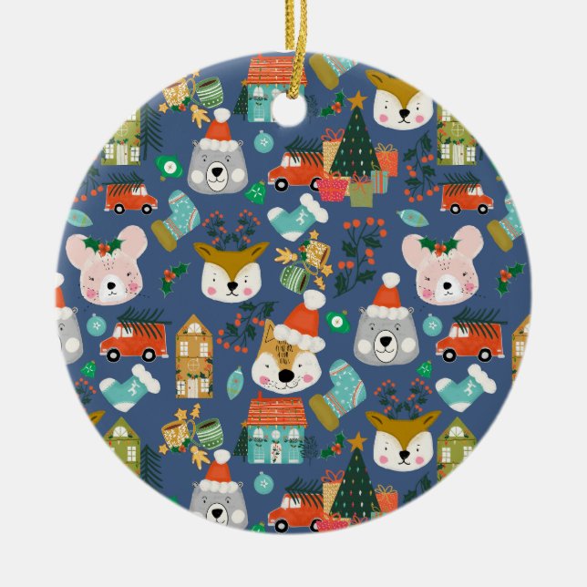 Woodland Niedlich Santa Animals Denim Blue Keramik Ornament (Vorne)