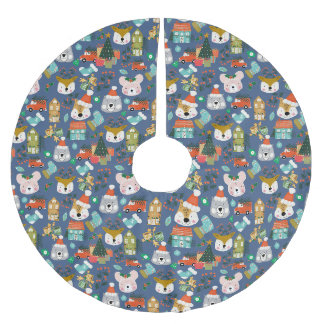 Woodland Niedlich Santa Animals Denim Blue Polyester Weihnachtsbaumdecke
