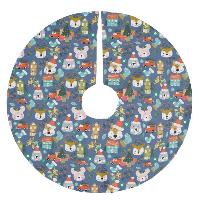 Woodland Niedlich Santa Animals Denim Blue Polyester Weihnachtsbaumdecke (Vorderseite)