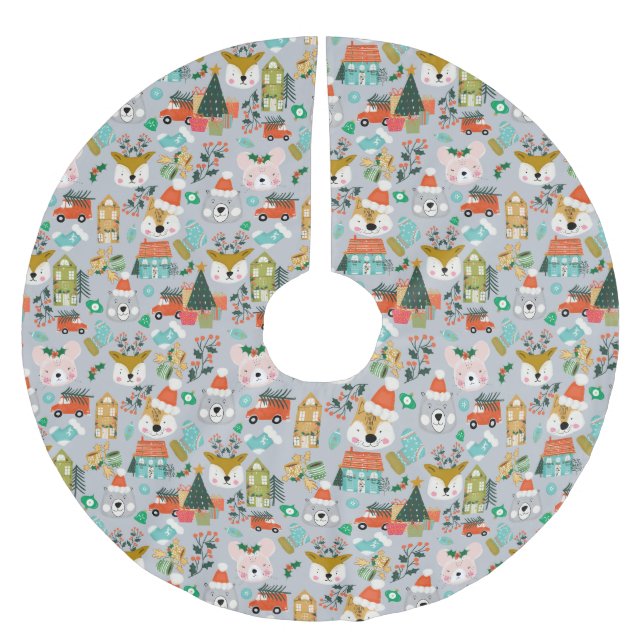 Woodland Niedlich Santa Animals Grau Polyester Weihnachtsbaumdecke (Vorderseite)