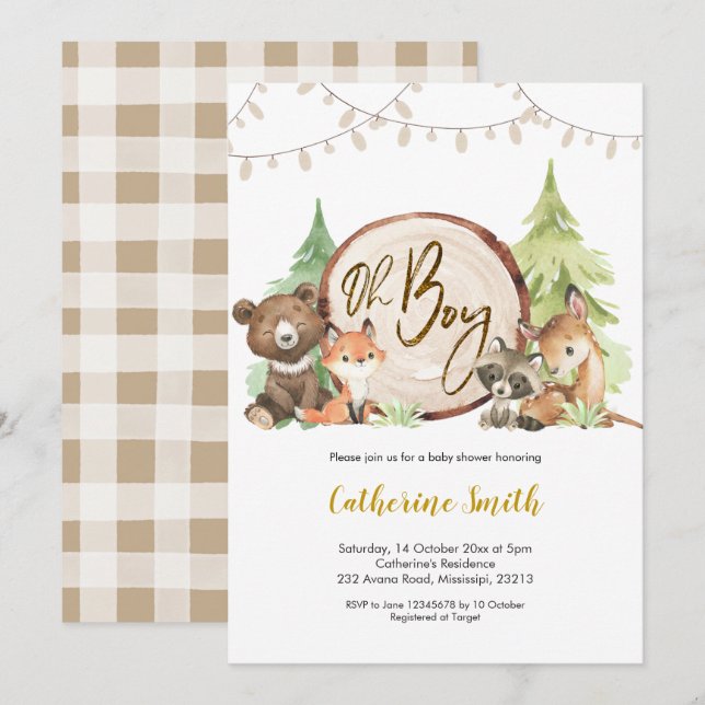 Woodland Oh Boy Baby Dusche Einladung (Vorne/Hinten)