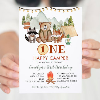 Woodland One Happy Camper Erster Geburtstag Einlad Einladung
