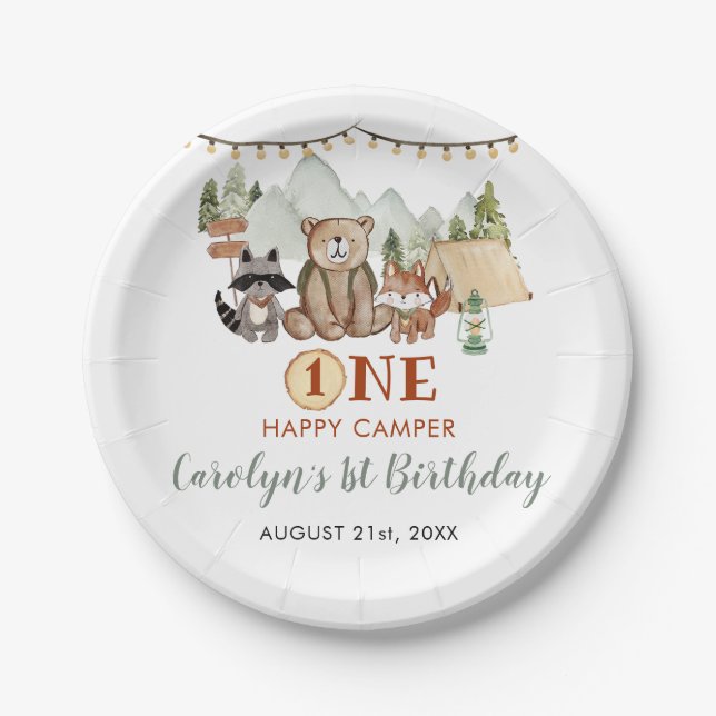 Woodland One Happy Camper Erster Geburtstag Pappteller (Vorderseite)
