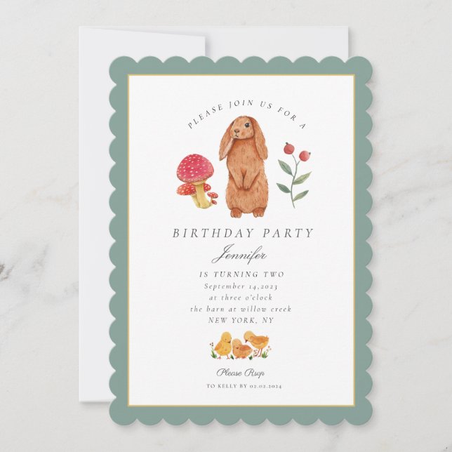 Woodland Oster Aquarell Bunny Geburtstag Einladung (Vorderseite)