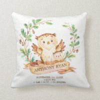 Woodland OWL Baby Birth Stats Coussin