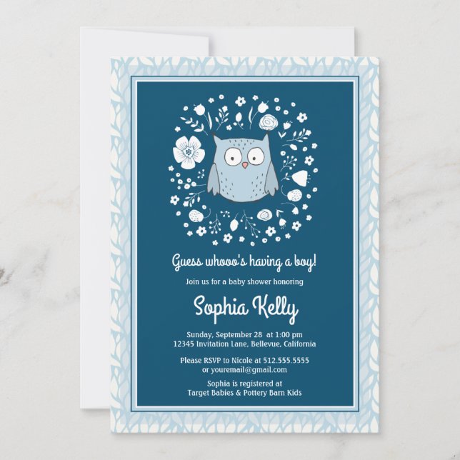 Woodland Owl Blue Boy Babydusche Einladung (Vorderseite)