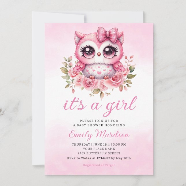Woodland Owl Pink Boho Floral Girl Babydusche Einladung (Vorderseite)