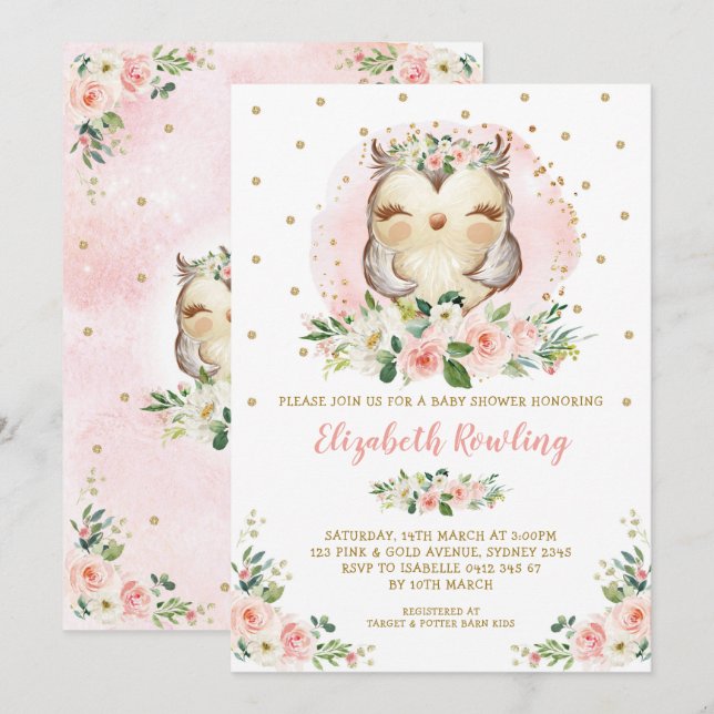 Woodland Owl Pink Gold Floral Girl Babydusche Einladung (Vorne/Hinten)