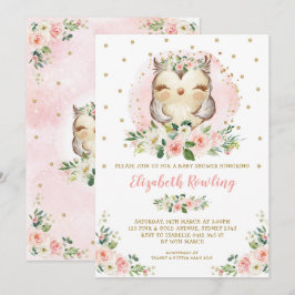 Woodland Owl Pink Gold Floral Girl Babydusche Einladung