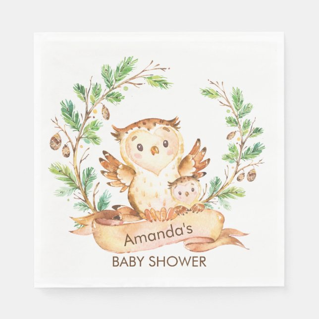 Woodland Owls Babydusche Papier Napkins Serviette (Vorderseite)