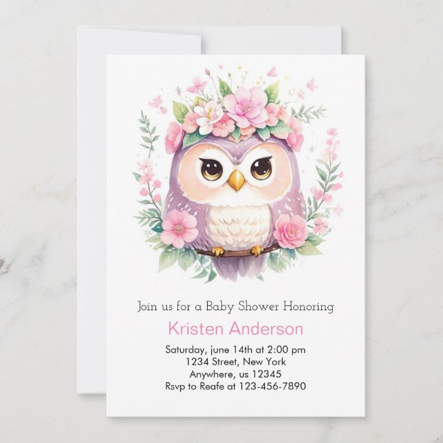 Woodland Owl's Pink Floral Girl Babydusche Einladung (Vorderseite)