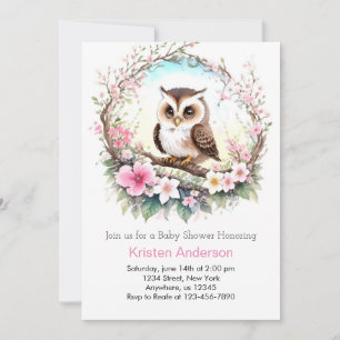 Woodland Owl's Pink Floral Girl Babydusche Einladung