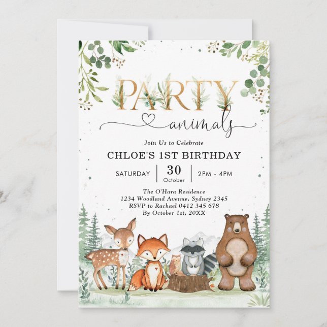 Woodland Party Animals Boy Birthday Invitation (Devant)