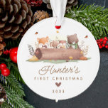 Woodland Photo Baby's First Christmas Ornament<br><div class="desc">This cute baby's first Christmas ornament features woodland animals, including a fox, bunny rabbit, owl, and bear. The ornament can be easily personalized with the baby's name, date, and photo. The design is simple and whimsical, with the woodland animals arranged around a tree log. The ornament is perfect for celebrating...</div>
