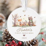 Woodland Photo Baby's First Christmas Ornament<br><div class="desc">This cute baby's first Christmas ornament features woodland animals, including a fox, bunny rabbit, owl, and bear. The ornament can be easily personalized with the baby's name, date, and photo. The design is simple and whimsical, with the woodland animals arranged around a tree log. The ornament is perfect for celebrating...</div>