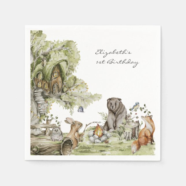 Woodland Picnic | Birthday Party für Waldtiere Serviette (Vorderseite)