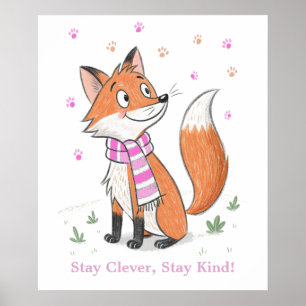 Woodland Pink Cheeky Fox - Playful Doodle Animal Poster