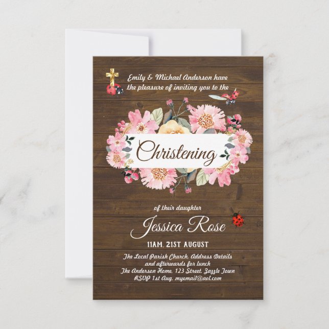 Woodland Pink Floral Christening laden Taufen ein (Vorderseite)