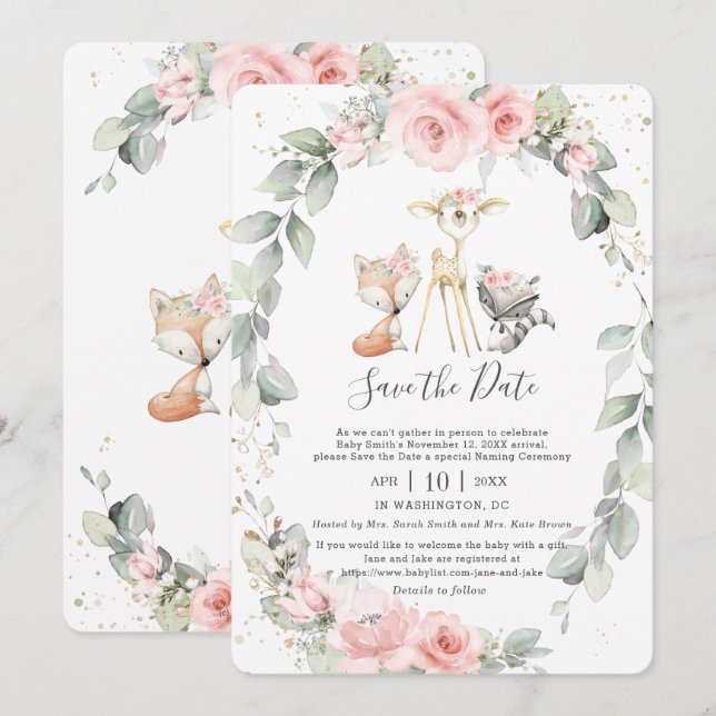 Woodland Pink Floral Save the Date Baby Naming Einladung (Vorne/Hinten)