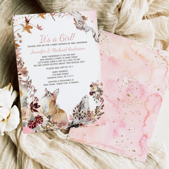 Woodland Pink Girl Fox Bunny Baby Dusche per Mail Einladung (Von Creator hochgeladen)