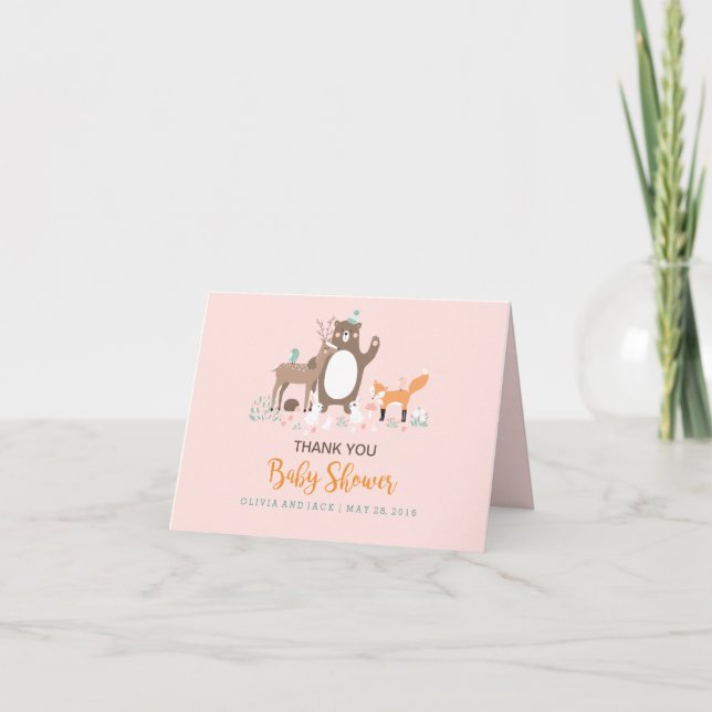 Woodland Pink Orange Babydusche Danke Karte (Vorderseite)