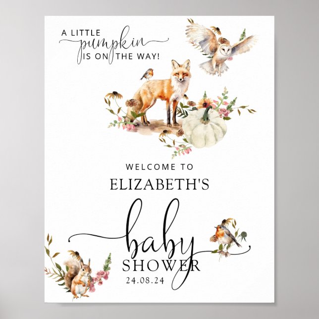 Woodland Pumpkin Fall Baby Dusche Willkommen Poster (Vorne)