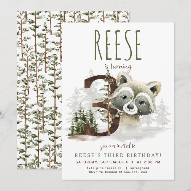 Woodland Raccoon Dritter Geburtstag Einladung (Vorne/Hinten)