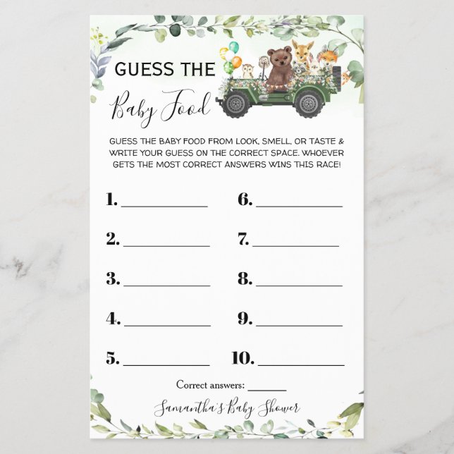 Woodland Raten Sie die Baby Food Baby Shower Game  Flyer (Vorne)