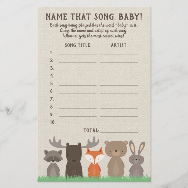 Woodland Raten Sie die Baby Song Baby Shower Game  Flyer (Vorne)