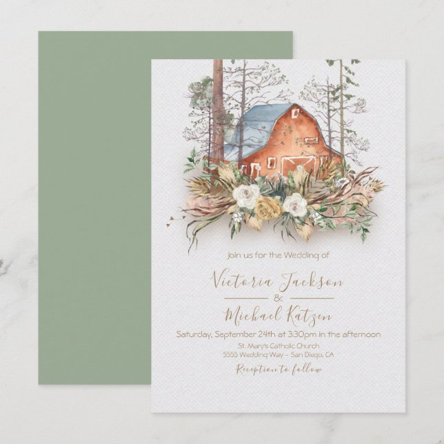 Woodland Red Barn Forest invitations de mariage (Devant / Derrière)