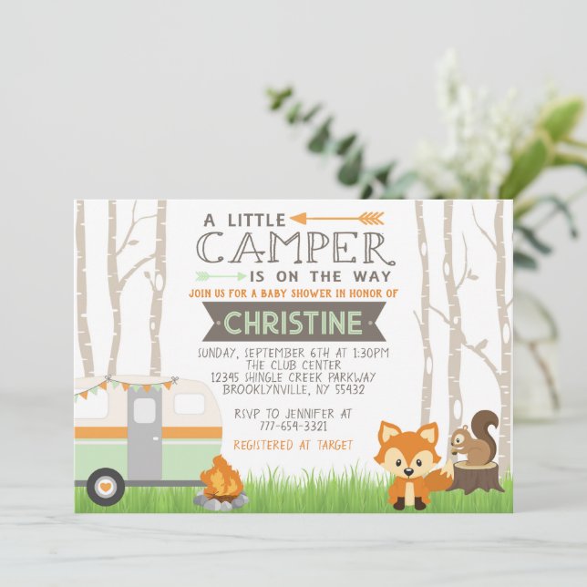 Woodland RV Camper Forest Animals Baby Dusche Einladung (Stehend Vorderseite)
