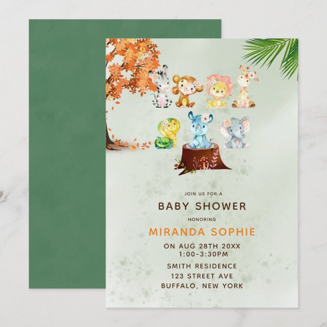 Woodland Safari Animals Boy Baby Shower Einladung (Vorne/Hinten)