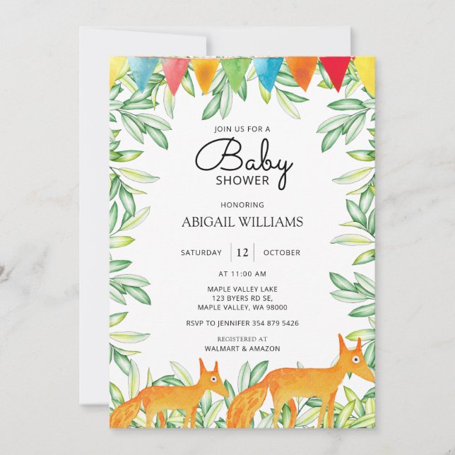 Woodland Safari Fox Mutter & Baby Babydusche Einladung (Vorderseite)