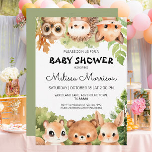Woodland Six Animal Friends Baby Boy Dusche Einladung